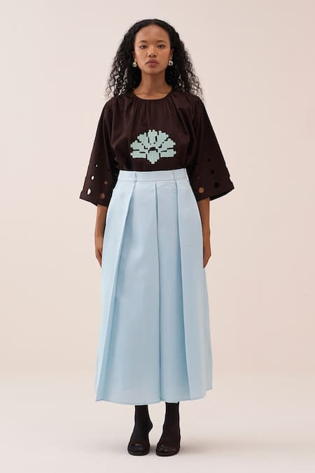 Three Brown Cotton, Poplin Embroidery Top And Chanderi Skirt Set Online at Aza Fashions Three_Brown Cotton, Poplin Embroidery Top And Chanderi Skirt Set _Online_at_Aza_Fashions