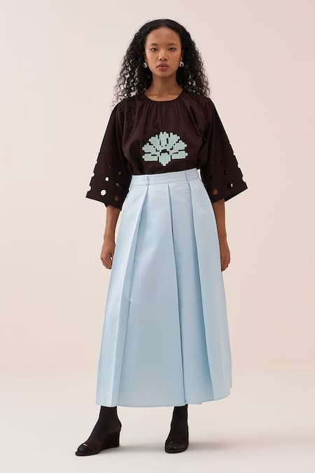 Buy Three Brown Cotton, Poplin Embroidery Top And Chanderi Skirt Set Online at Aza Fashions Buy_Three_Brown Cotton, Poplin Embroidery Top And Chanderi Skirt Set _Online_at_Aza_Fashions