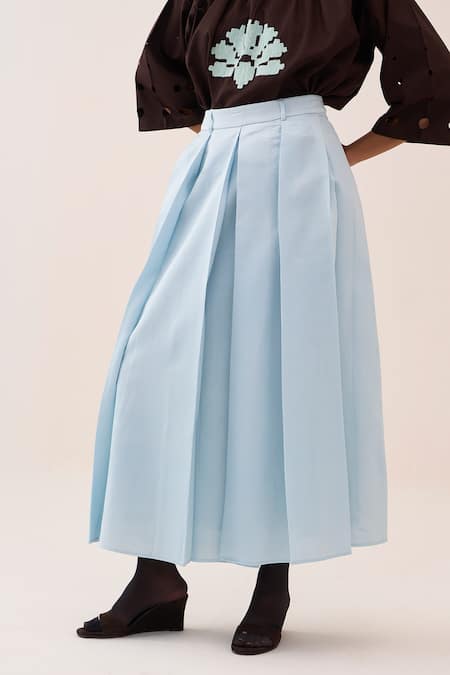 Shop Three Brown Cotton, Poplin Embroidery Top And Chanderi Skirt Set Online at Aza Fashions Shop_Three_Brown Cotton, Poplin Embroidery Top And Chanderi Skirt Set _Online_at_Aza_Fashions