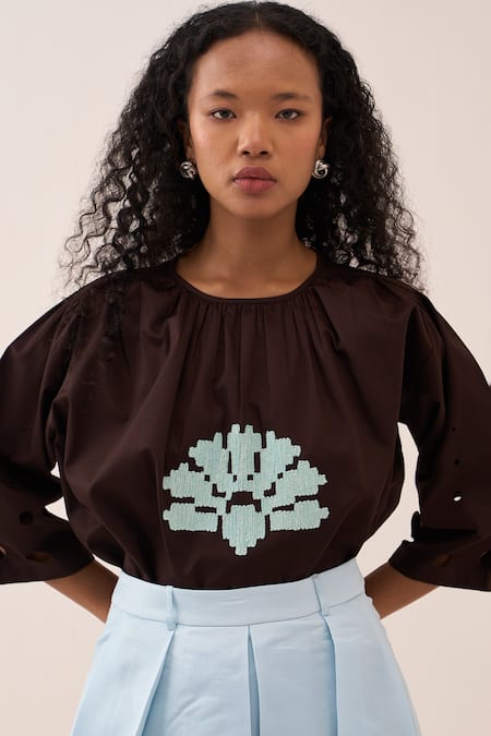 Three Brown Cotton, Poplin Embroidery Top And Chanderi Skirt Set at Aza Fashions Three_Brown Cotton, Poplin Embroidery Top And Chanderi Skirt Set _at_Aza_Fashions