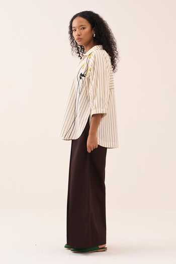 Three_Beige Beads, Embroidery V-neck Stripe Cotton Poplin Top And Pant Set _Online_at_Aza_Fashions