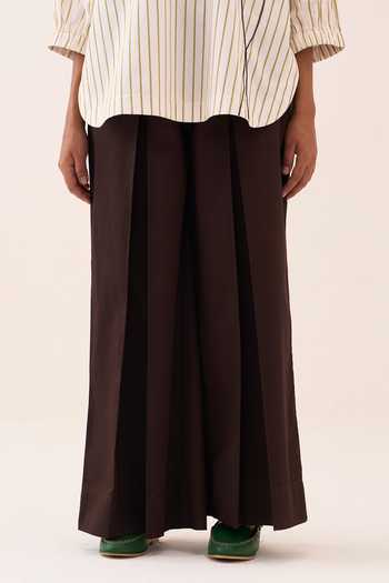 Three_Beige Beads, Embroidery V-neck Stripe Cotton Poplin Top And Pant Set _at_Aza_Fashions