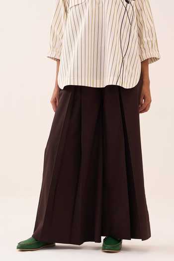 Buy_Three_Beige Beads, Embroidery V-neck Stripe Cotton Poplin Top And Pant Set 