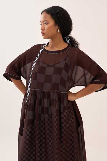 Shop Three Brown Silk, Organza, Crepe Round Neck Dress And Slip Set Online at Aza Fashions Shop_Three_Brown Silk, Organza, Crepe Round Neck Dress And Slip Set _Online_at_Aza_Fashions
