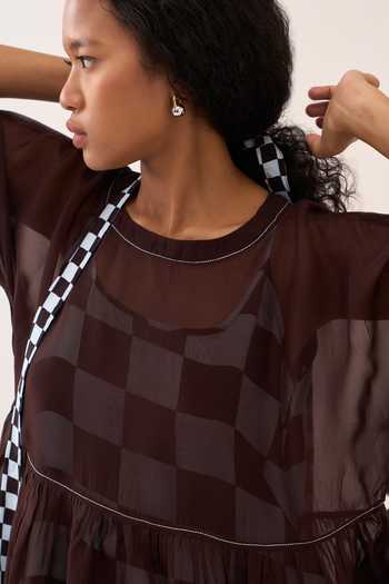 Three Brown Silk, Organza, Crepe Round Neck Dress And Slip Set at Aza Fashions Three_Brown Silk, Organza, Crepe Round Neck Dress And Slip Set _at_Aza_Fashions