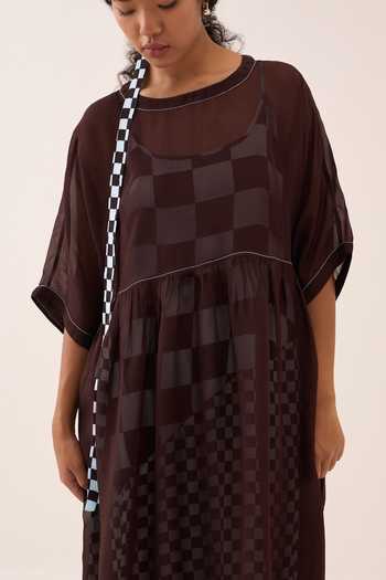 Buy Three Brown Silk, Organza, Crepe Round Neck Dress And Slip Set Buy_Three_Brown Silk, Organza, Crepe Round Neck Dress And Slip Set