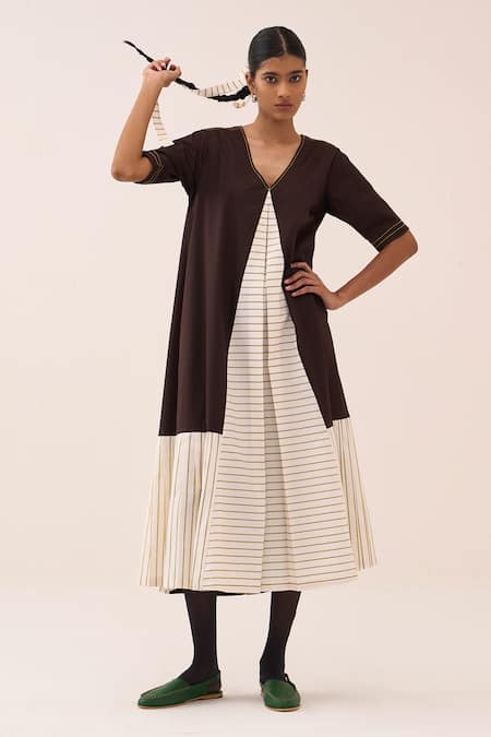 Three Front Pleat Stripe Panel Cotton Poplin Dress 