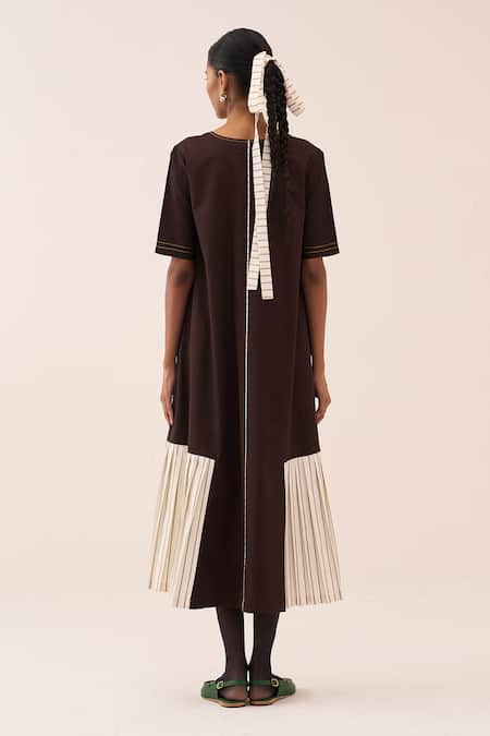 Three Front Pleat Stripe Panel Cotton Poplin Dress 