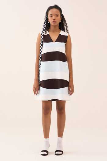 Three_Blue Chanderi, Crepe Applique V-neck Shift Dress _Online_at_Aza_Fashions