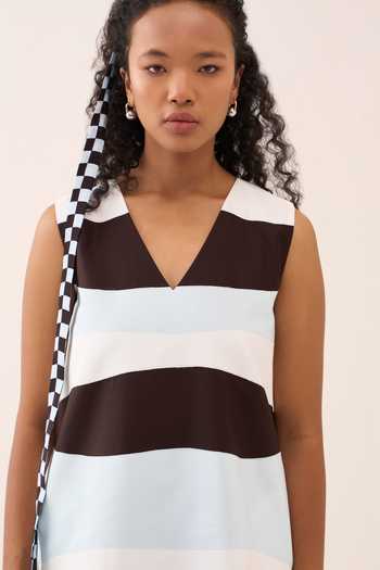 Buy_Three_Blue Chanderi, Crepe Applique V-neck Shift Dress _Online_at_Aza_Fashions