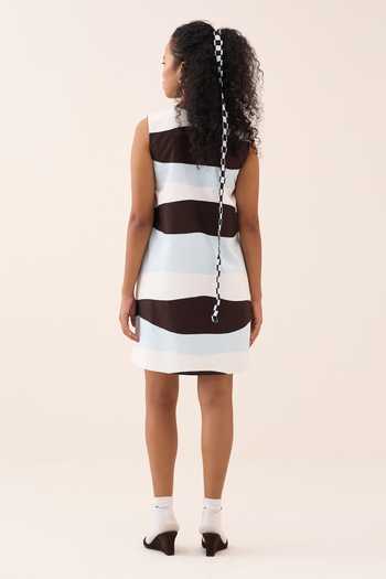 Shop_Three_Blue Chanderi, Crepe Applique V-neck Shift Dress _Online_at_Aza_Fashions