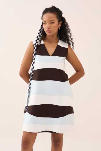 Three_Blue Chanderi, Crepe Applique V-neck Shift Dress _at_Aza_Fashions
