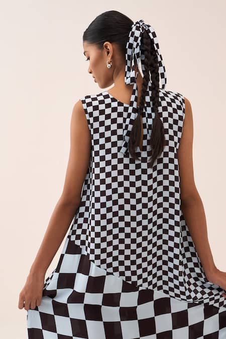 Three_Blue Silk, Crepe Asymmetric Checkered Dress _Online_at_Aza_Fashions
