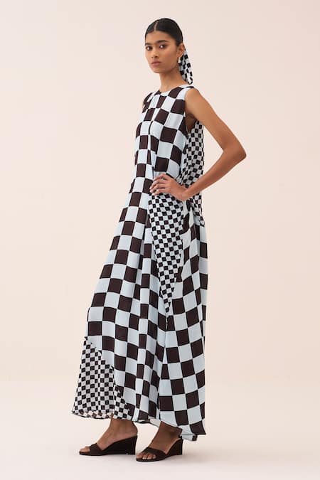 Buy_Three_Blue Silk, Crepe Asymmetric Checkered Dress _Online_at_Aza_Fashions
