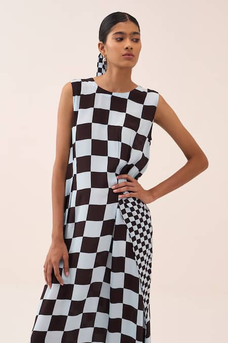 Shop_Three_Blue Silk, Crepe Asymmetric Checkered Dress _Online_at_Aza_Fashions