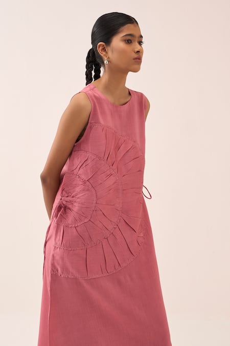 Three Coral Chanderi, Organza Ruffles Dress And Slip Set Online at Aza Fashions Three_Coral Chanderi, Organza Ruffles Dress And Slip Set _Online_at_Aza_Fashions