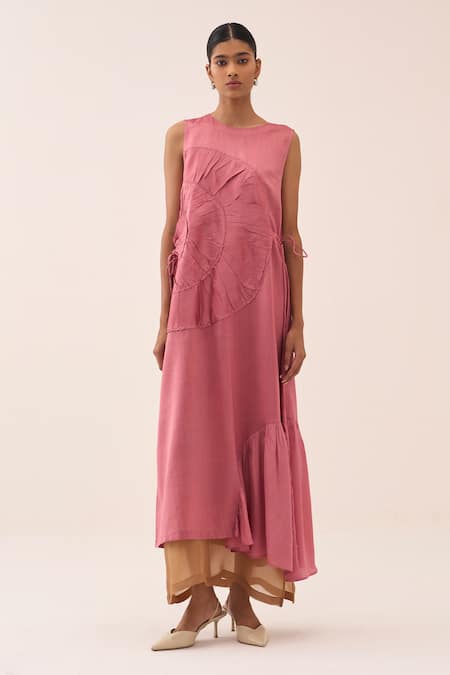 Shop Three Coral Chanderi, Organza Ruffles Dress And Slip Set Online at Aza Fashions Shop_Three_Coral Chanderi, Organza Ruffles Dress And Slip Set _Online_at_Aza_Fashions