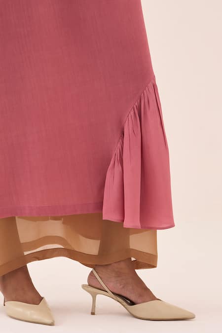 Buy Three Coral Chanderi, Organza Ruffles Dress And Slip Set Buy_Three_Coral Chanderi, Organza Ruffles Dress And Slip Set