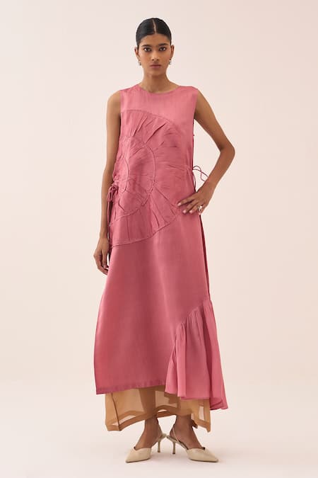 Shop Three Coral Chanderi, Organza Ruffles Dress And Slip Set Shop_Three_Coral Chanderi, Organza Ruffles Dress And Slip Set