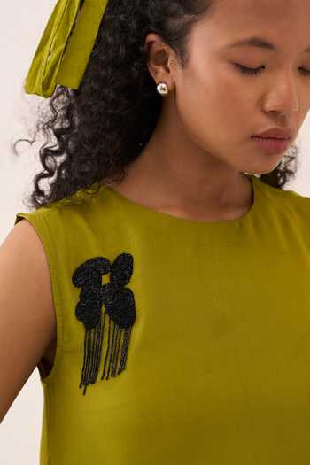 Three_Lime Organza Beads Round Neck Dress _at_Aza_Fashions