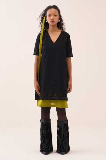 Three_Black Cotton, Chanderi, Poplin V-neck Layered And Dress _Online_at_Aza_Fashions