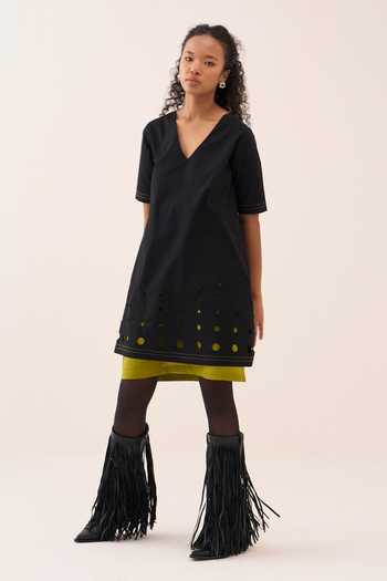 Buy_Three_Black Cotton, Chanderi, Poplin V-neck Layered And Dress _Online_at_Aza_Fashions