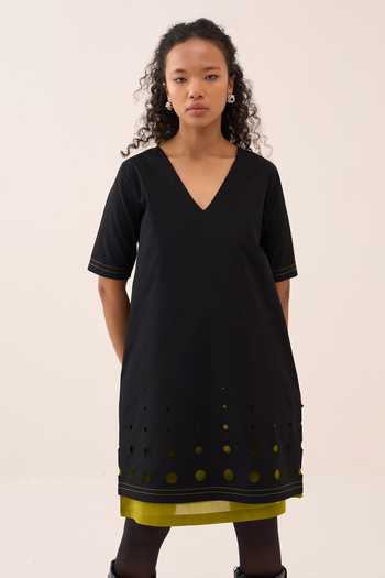 Shop_Three_Black Cotton, Chanderi, Poplin V-neck Layered And Dress _Online_at_Aza_Fashions
