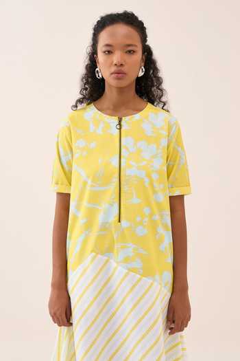 Three_Blue Cotton, Poplin Round Neck Floral Stripe Handkerchief Maxi Dress _Online_at_Aza_Fashions