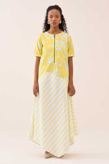 Buy_Three_Blue Cotton, Poplin Round Neck Floral Stripe Handkerchief Maxi Dress _Online_at_Aza_Fashions