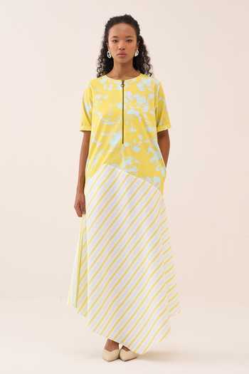 Shop_Three_Blue Cotton, Poplin Round Neck Floral Stripe Handkerchief Maxi Dress _Online_at_Aza_Fashions