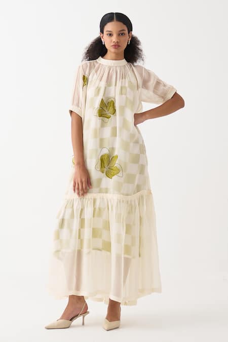 Three Organza Floral Applique Dress With Checkered Slip 