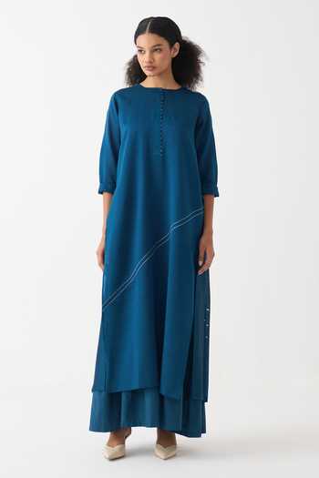 Three_Teal Cotton, Chanderi, Poplin Round Neck Splash Print Back Pleat Maxi Dress _Online_at_Aza_Fashions