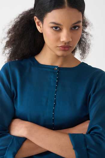 Buy_Three_Teal Cotton, Chanderi, Poplin Round Neck Splash Print Back Pleat Maxi Dress _Online_at_Aza_Fashions