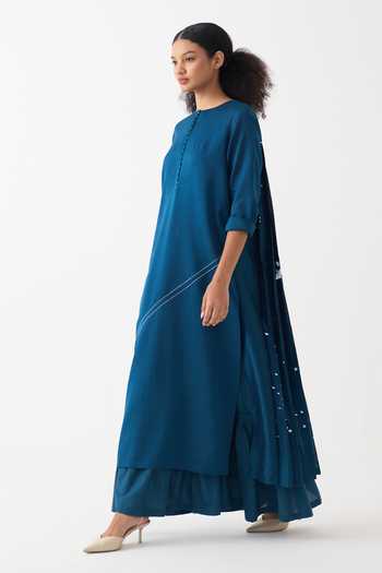 Shop_Three_Teal Cotton, Chanderi, Poplin Round Neck Splash Print Back Pleat Maxi Dress _Online_at_Aza_Fashions