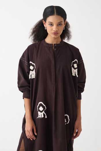 Three Brown Cotton Fringe Mandarin Collar Handwoven Bat Sleeve Maxi Dress Online at Aza Fashions Three_Brown Cotton Fringe Mandarin Collar Handwoven Bat Sleeve Maxi Dress _Online_at_Aza_Fashions