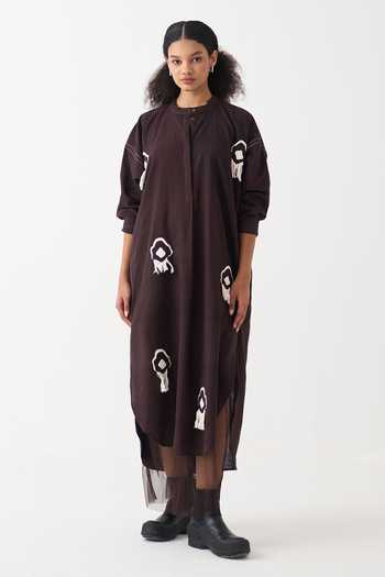 Buy Three Brown Cotton Fringe Mandarin Collar Handwoven Bat Sleeve Maxi Dress Online at Aza Fashions Buy_Three_Brown Cotton Fringe Mandarin Collar Handwoven Bat Sleeve Maxi Dress _Online_at_Aza_Fashions