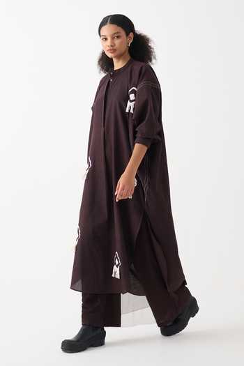 Shop Three Brown Cotton Fringe Mandarin Collar Handwoven Bat Sleeve Maxi Dress Online at Aza Fashions Shop_Three_Brown Cotton Fringe Mandarin Collar Handwoven Bat Sleeve Maxi Dress _Online_at_Aza_Fashions
