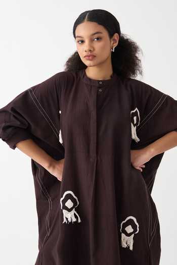 Three Brown Cotton Fringe Mandarin Collar Handwoven Bat Sleeve Maxi Dress at Aza Fashions Three_Brown Cotton Fringe Mandarin Collar Handwoven Bat Sleeve Maxi Dress _at_Aza_Fashions