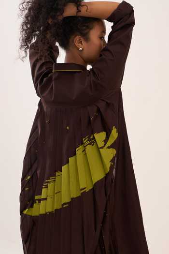 Three_Brown Cotton, Chanderi, Poplin Collared Splash Back Pleat Long Jacket _Online_at_Aza_Fashions