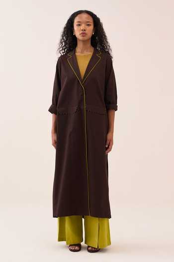 Buy_Three_Brown Cotton, Chanderi, Poplin Collared Splash Back Pleat Long Jacket _Online_at_Aza_Fashions