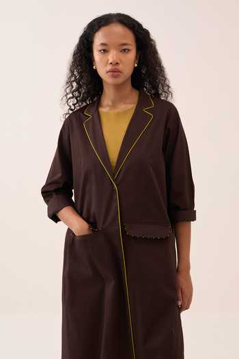 Shop_Three_Brown Cotton, Chanderi, Poplin Collared Splash Back Pleat Long Jacket _Online_at_Aza_Fashions