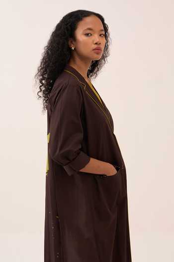 Three_Brown Cotton, Chanderi, Poplin Collared Splash Back Pleat Long Jacket _at_Aza_Fashions