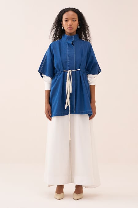 Buy_Three_Blue Denim Overlay Boxy Jacket _Online_at_Aza_Fashions