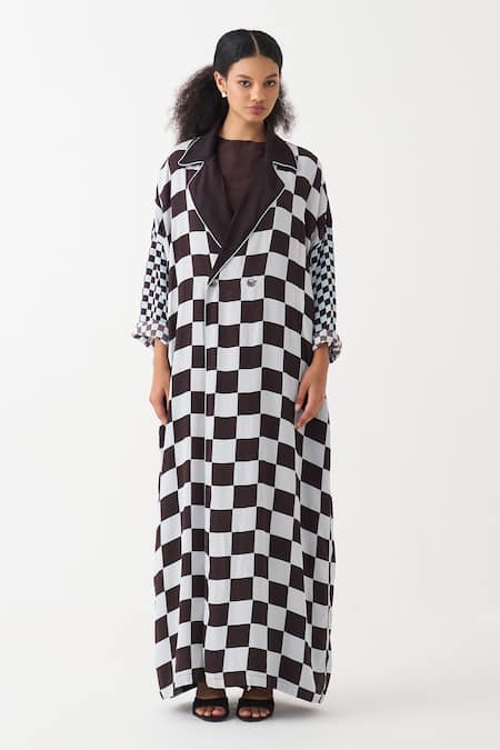Three Blue Silk, Crepe Checkered Long Jacket Online at Aza Fashions Three_Blue Silk, Crepe Checkered Long Jacket _Online_at_Aza_Fashions