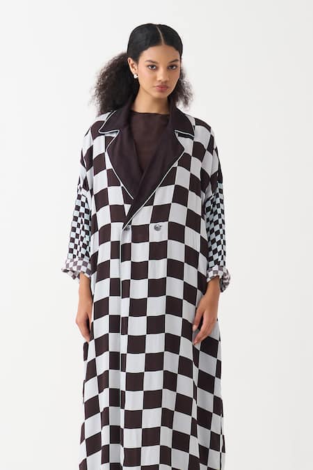 Shop Three Blue Silk, Crepe Checkered Long Jacket Online at Aza Fashions Shop_Three_Blue Silk, Crepe Checkered Long Jacket _Online_at_Aza_Fashions