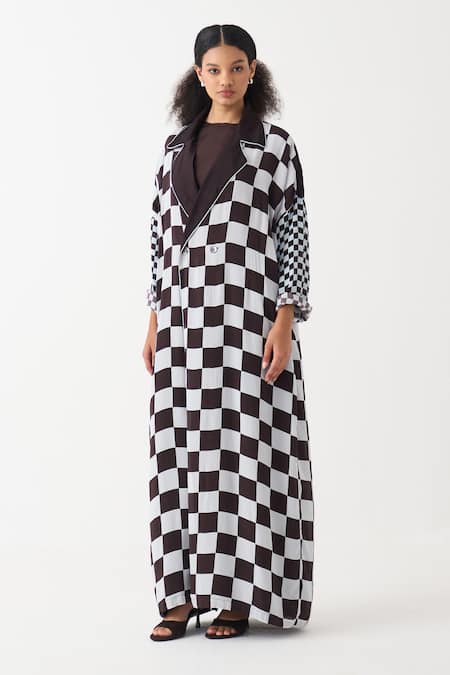 Buy Three Blue Silk, Crepe Checkered Long Jacket Buy_Three_Blue Silk, Crepe Checkered Long Jacket