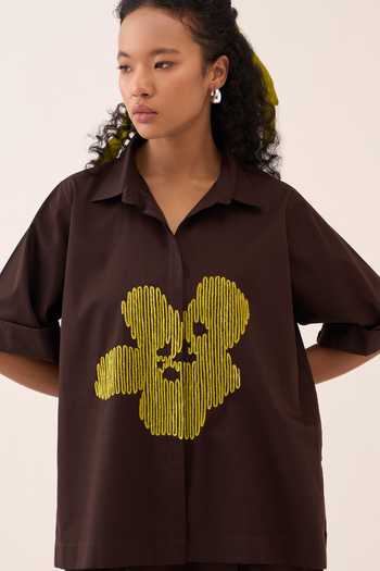 Buy Three Yellow Cotton, Poplin Embroidery Collared Floral Shirt Online at Aza Fashions Buy_Three_Yellow Cotton, Poplin Embroidery Collared Floral Shirt _Online_at_Aza_Fashions