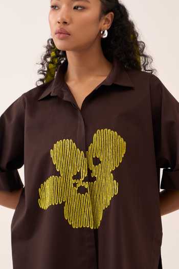 Shop Three Yellow Cotton, Poplin Embroidery Collared Floral Shirt Online at Aza Fashions Shop_Three_Yellow Cotton, Poplin Embroidery Collared Floral Shirt _Online_at_Aza_Fashions