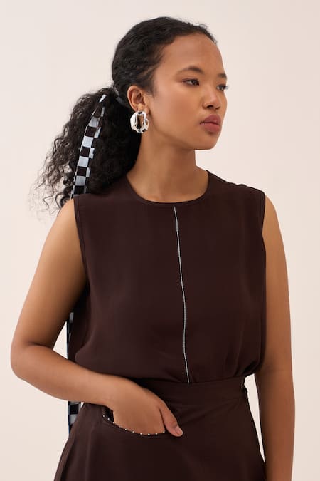 Three_Brown Silk, Crepe Embroidery Asymmetric Top _Online_at_Aza_Fashions