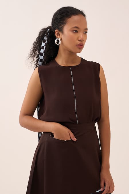 Shop_Three_Brown Silk, Crepe Embroidery Asymmetric Top _Online_at_Aza_Fashions